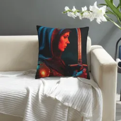 Housse de coussin en peluche avec portrait mystérieux de femme - Okomall
