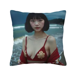 Federa di Cuscino in Peluche con Ragazza in Spiaggia Estetica - Okomall