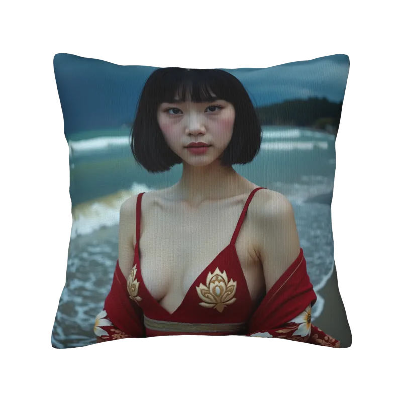 ビーチの女の子の絵柄のフリース・クッションカバー　美的 - Okomall