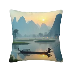 Funda de cojín de peluche con paisaje de montaña y barca de pesca - Okomall