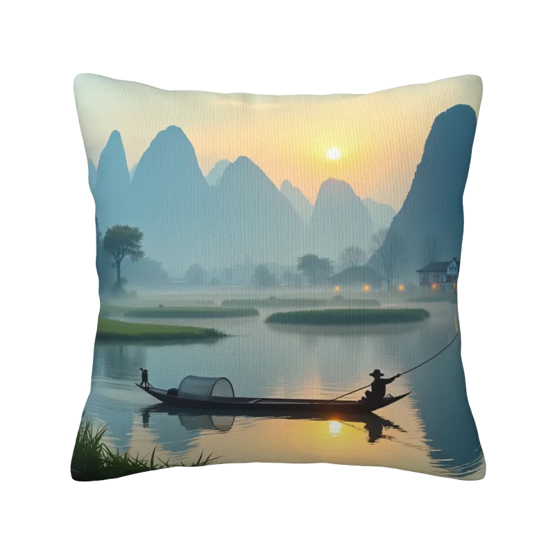 Housse de coussin en peluche avec paysage de montagne et barque de pêche - Okomall