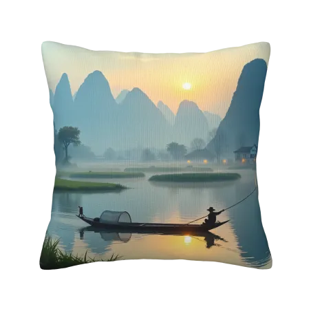 Mountain and River Fishing Boat Plush Pillow Cover - Okomall