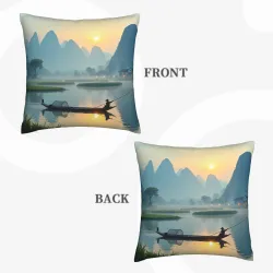 Funda de cojín de peluche con paisaje de montaña y barca de pesca - Okomall