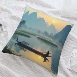 Funda de cojín de peluche con paisaje de montaña y barca de pesca - Okomall