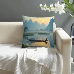 Mountain and River Fishing Boat Plush Pillow Cover - Okomall
