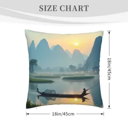 Funda de cojín de peluche con paisaje de montaña y barca de pesca - Okomall