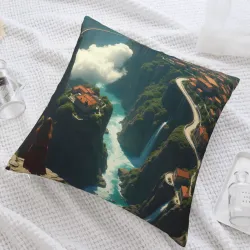 Copri-cuscino in peluche con motivo cascata e foresta - Okomall