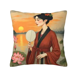 Funda de cojín de felpa con imagen de belleza japonesa - Okomall