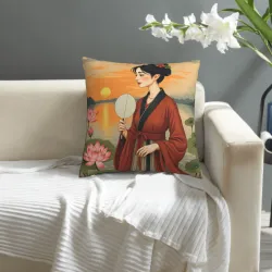 Funda de cojín de felpa con imagen de belleza japonesa - Okomall