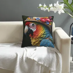 Housse de coussin en peluche à motif d'oiseaux tropicaux - Okomall
