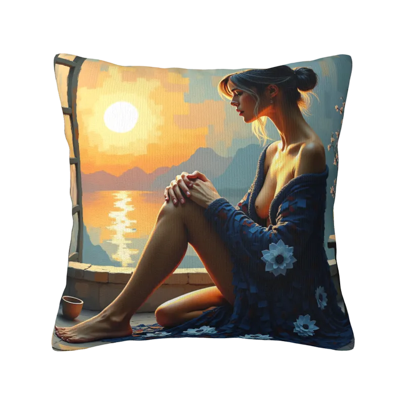 Copri-cuscino in peluche con motivo di bellezza sulla spiaggia al tramonto - Okomall
