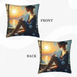 Copri-cuscino in peluche con motivo di bellezza sulla spiaggia al tramonto - Okomall