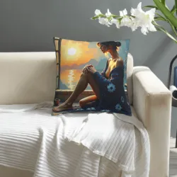 Funda de cojín de felpa con diseño de belleza en la playa al atardecer - Okomall