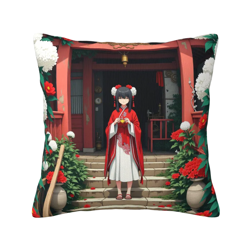 和風庭園テーマのぬいぐるみクッション - 18x18インチ | Okomall