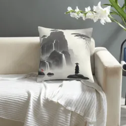 Coperta di cuscino in peluche con motivo zen di paesaggio montano - Okomall