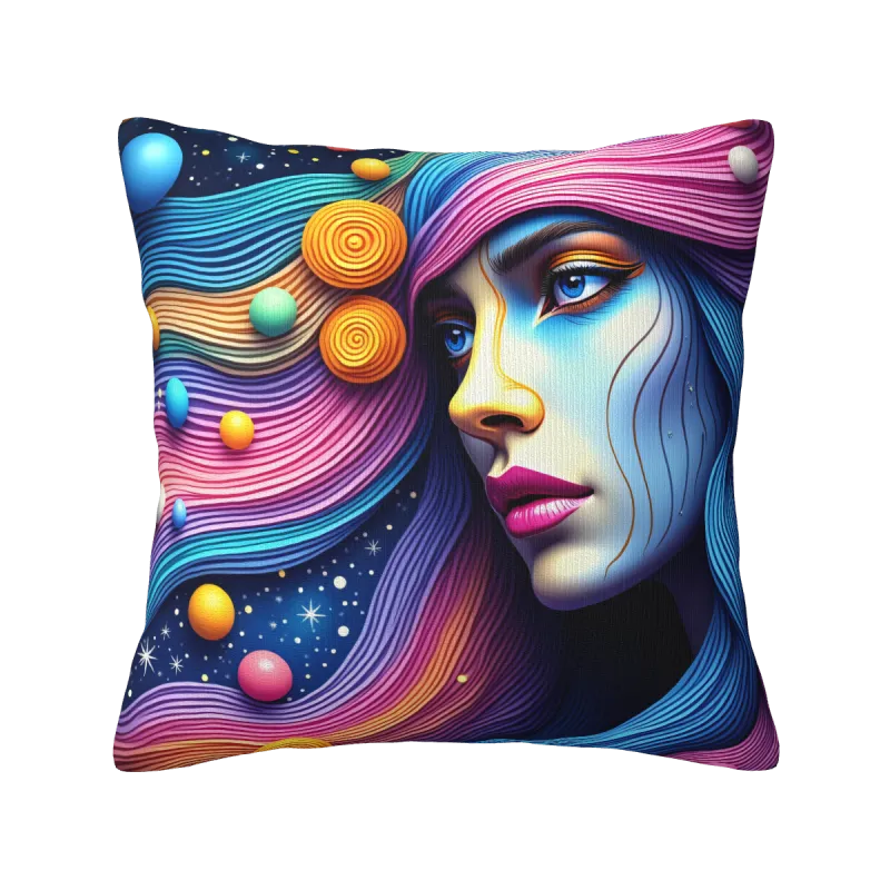 Housse de coussin en peluche avec motif abstrait d'ondes et de portrait - Okomall