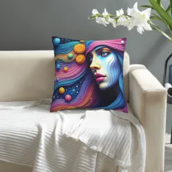 Housse de coussin en peluche avec motif abstrait d'ondes et de portrait - Okomall