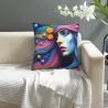 Housse de coussin en peluche avec motif abstrait d'ondes et de portrait - Okomall