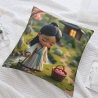 Housse de coussin en peluche à double face "Fille admirant les fleurs" - Okomall