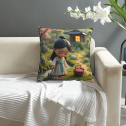 Housse de coussin en peluche à double face "Fille admirant les fleurs" - Okomall
