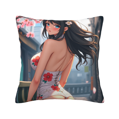 Housse de coussin en peluche de jeune fille japonaise - Cour de cerisiers | Okomall