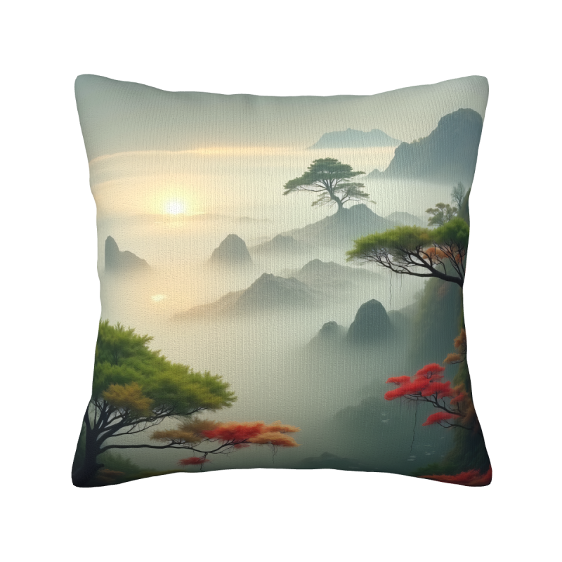 山水意境毛絨抱枕套 - 18x18英寸 | OKOMALL