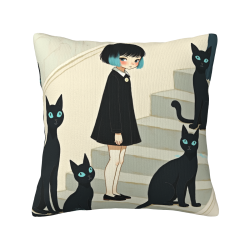 18x18英寸双面毛绒抱枕套，女孩黑猫图案