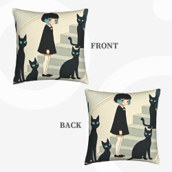 Funda de cojín de felpa de doble cara de 18x18 pulgadas con patrón de chica y gato negro