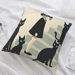Funda de cojín de felpa de doble cara de 18x18 pulgadas con patrón de chica y gato negro