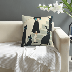 Funda de cojín de felpa de doble cara de 18x18 pulgadas con patrón de chica y gato negro