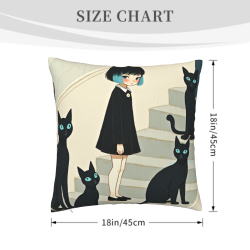 Funda de cojín de felpa de doble cara de 18x18 pulgadas con patrón de chica y gato negro