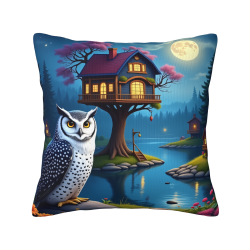 Housse de coussin en peluche recto-verso 18x18 pouces avec motif hibou et maison dans les arbres