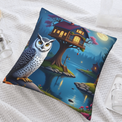 Housse de coussin en peluche recto-verso 18x18 pouces avec motif hibou et maison dans les arbres