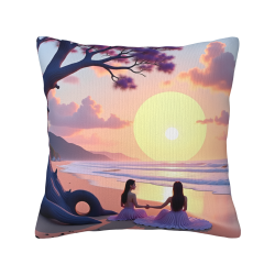18x18インチ 両面プラッシュ枕カバー 親友と夕陽の海景色デザイン