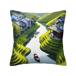 Funda de cojín de felpa de doble cara de 45x45 cm con estampado de paisaje rural