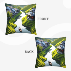 Coussin décoratif en peluche double face 45x45 cm avec motif de paysage rural