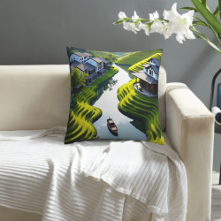 Coussin décoratif en peluche double face 45x45 cm avec motif de paysage rural