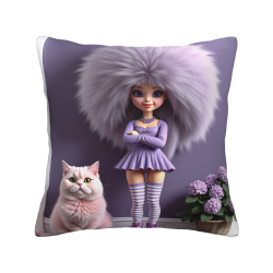 Housse de coussin en peluche imprimée recto-verso 18x18 pouces : Motif fille et chat