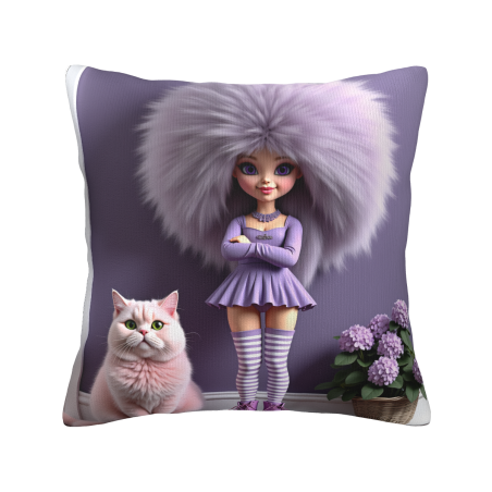 Funda de cojín de felpa impresa de doble cara 18x18 pulgadas: Diseño de niña y gato