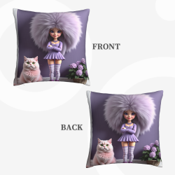 Housse de coussin en peluche imprimée recto-verso 18x18 pouces : Motif fille et chat