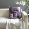Housse de coussin en peluche imprimée recto-verso 18x18 pouces : Motif fille et chat