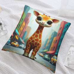Double - Sided Plush Pillowcase (Giraffe City Street Scene) 18x18in