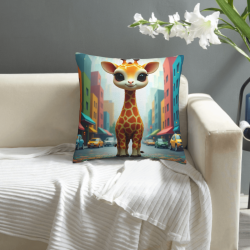 Funda de Almohada de Felpa Reversible (Escena Callejera de Jirafa) 18x18 pulgadas