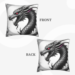 Housse de coussin en peluche double face 18x18 pouces - Motif de dragon noir