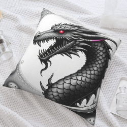 Housse de coussin en peluche double face 18x18 pouces - Motif de dragon noir