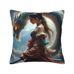 Funda de almohada de felpa reversible - Diseño de chica dragón fantástica