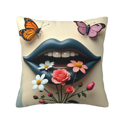 Fodera per cuscino in peluche reversibile (18x18 pollici) - Stampa fiori, farfalle e labbra rosse