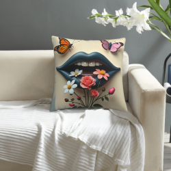 Housse de coussin en peluche réversible (18x18 pouces) - Motif fleurs, papillons et lèvres rouges