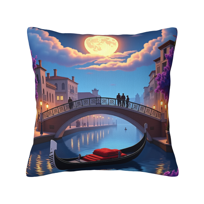 غطاء وسادة مخمل مزدوج الجانب (ليلة البدر في البندقية) 18x18 بوصة