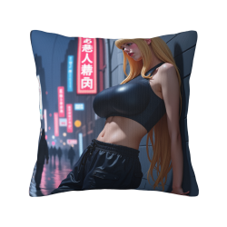 賽博朋克美少女抱枕套 - 霓虹都市夜景